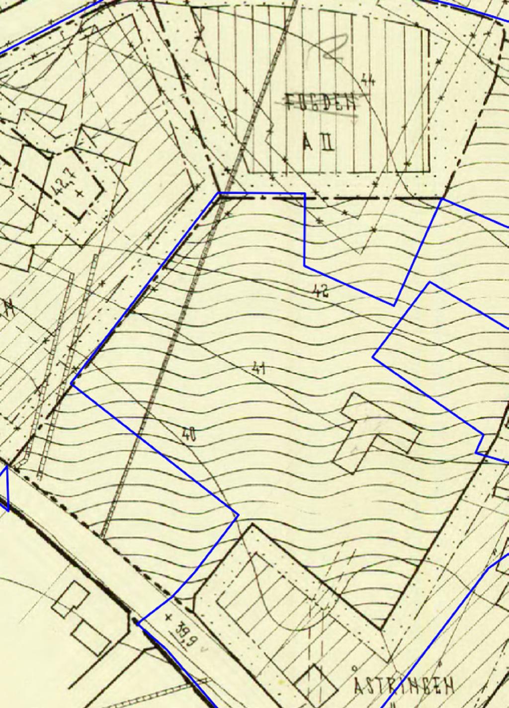 Detaljplanen med beteckning 11-KNS-225/57 från år 1957 reglerar parken i södra delen av aktuellt planområde. Den blå linjen markerar gällande plans utsträckning.