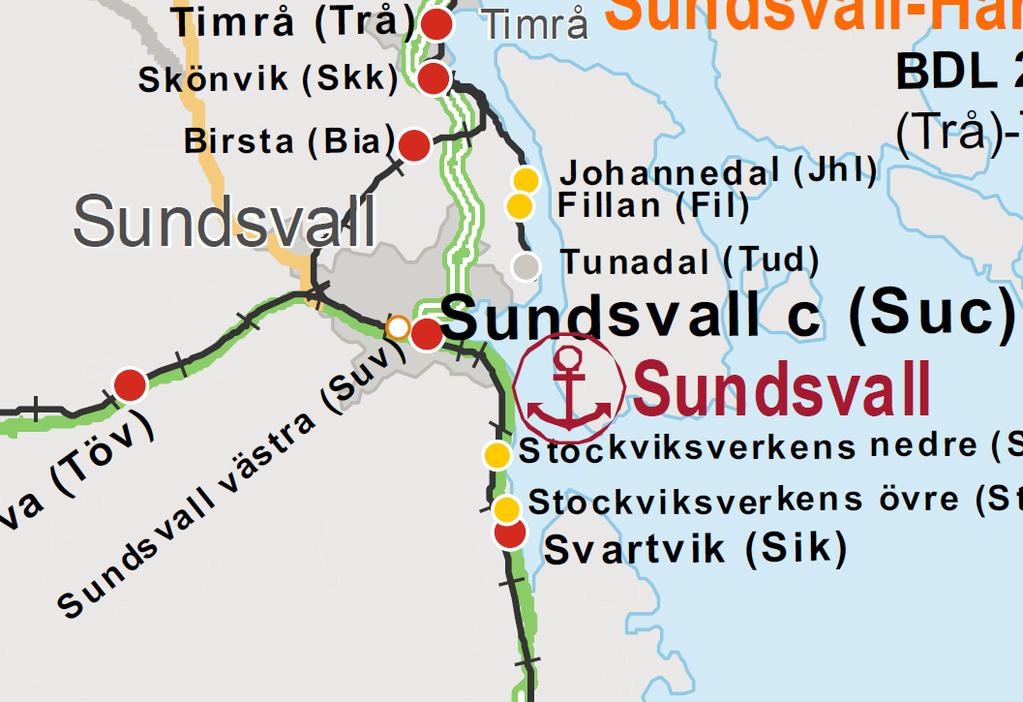 Projekt i Sundsvallsområdet (röd text = bortom 2019) Birsta, bangårdsomb.