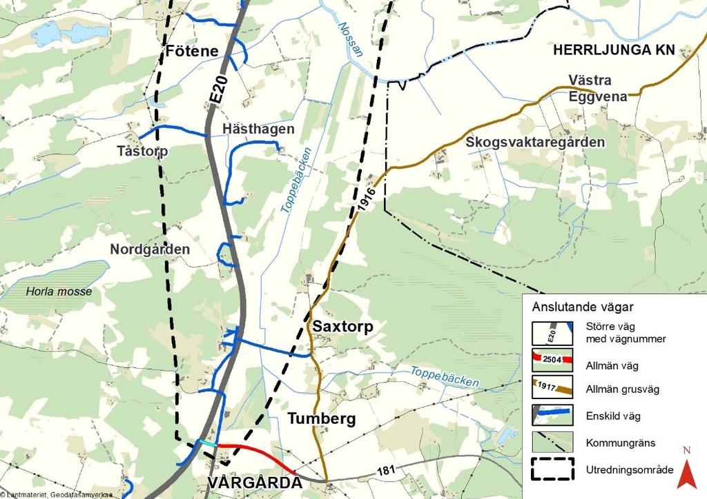 Vägen förbinder E20 med väg 1916 i öster. Väg 1916 går mellan väg 181, vid Rasta Vårgårda i söder och väg 1927, som leder mot Herrljunga, i norr.