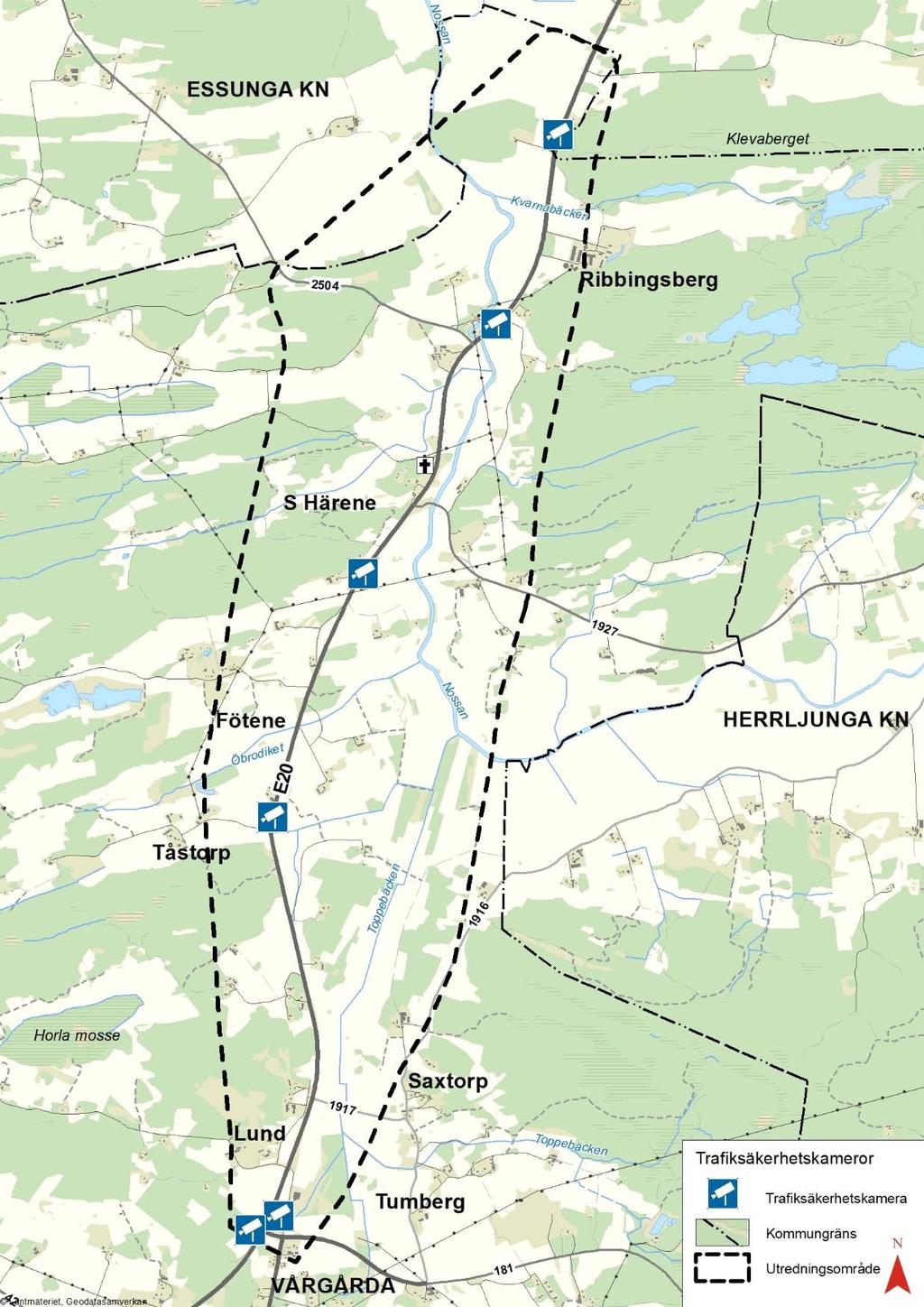 Vägplan samrådshandling, val av lokaliseringsalternativ 2017 12 20 Det finns 6 stycken ATK-kameror (hastighetskameror) längs berörd sträcka vilket är positivt för trafiksäkerheten. Figur 4.2.2:4 Placering av trafiksäkerhetskameror Viltstängsel saknas helt på sträckan.