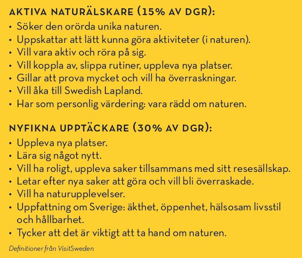 Målgrupper vi arbetar med idag: Vi har valt att använda oss av den målgruppssegmentering som Visit Sweden har tagit fram: Den globala resenären.