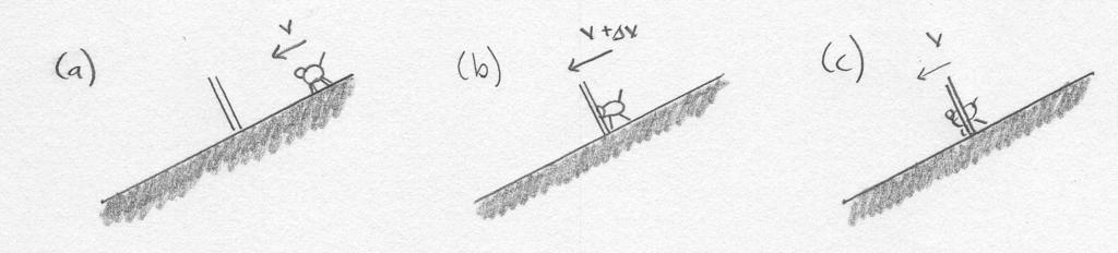 Figur 2 (a) En valp kommer in i gympasalen med och har då hastigheten v. På grund av att golvet lutar kommer valpen att accelerera.