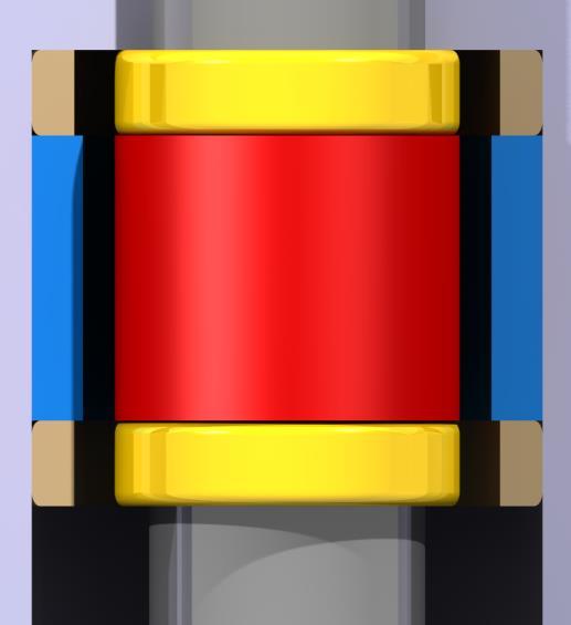 Inre magneterna som är färgade i röd färg är fixerade med hjälp av de gula låsmuttrar.