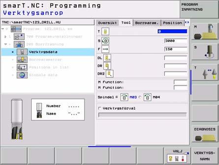 Unit 208 Borrfräsning Parametrar i formuläret Översikt: Definiera bearbetningar T: Verktygsnummer eller -namn (kan växlas via softkey) S: Spindelvarvtal F: Fräsmatning Diameter: Hålets nominella