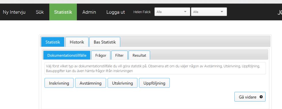 Ta fram statistik 1. Klicka på Statistik Väljer du historik kan du se tidigare statistikuttag och under Bas Statistik kan du få fram statistik på Basuppgifter (finns inte i alla formulär). 2.