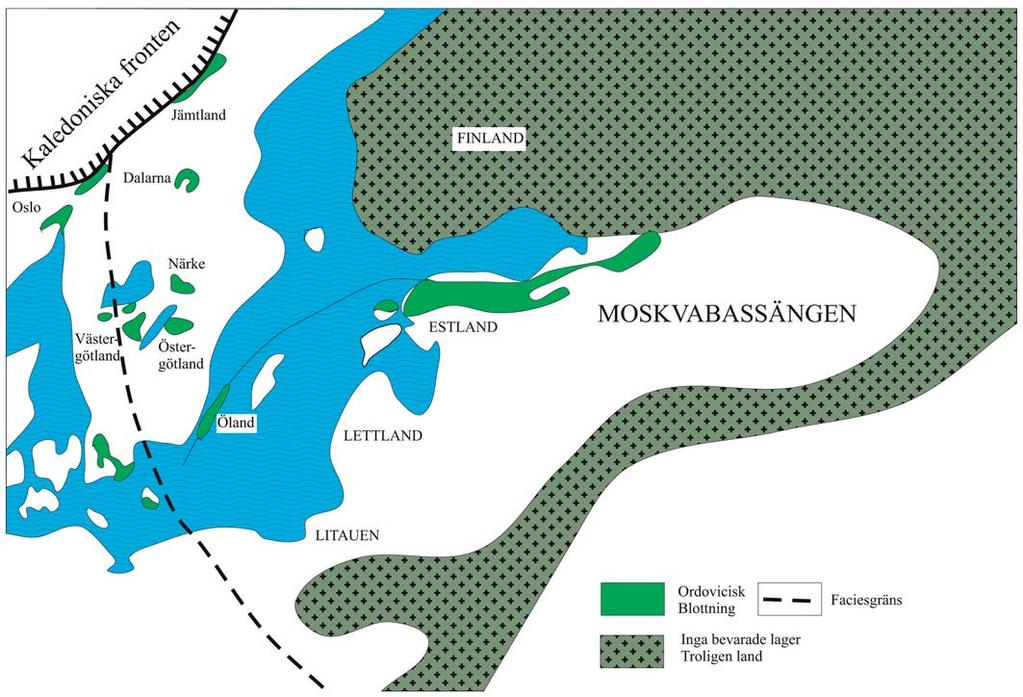 Fig. 8. Epikontinentalhavets utbredning över Baltica under ordovicium. ett av jordens största vulkanutbrott.