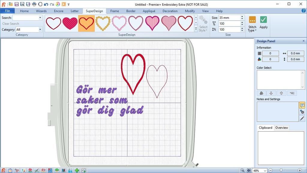 Hjärtana hämtade jag från fliken SuperDesign, valde några