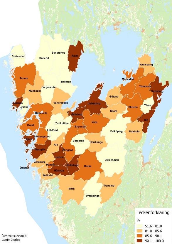 20 Figur 3.7: Andelen avgångselever behöriga till gymnasieskolan våren 2015 per kommun.