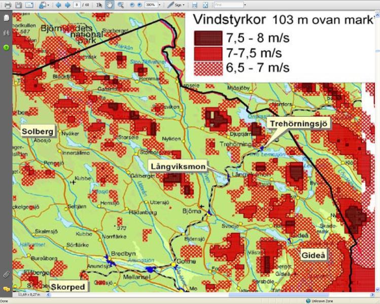 Figur 2. Kartan visar hur medelvindhastigheterna ser ut i kommunen och den röda cirkeln inringar det påtänkta området Grönliden. Där ges en indikation om att det kan finnas vindar upp emot 8 m/s.