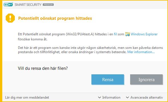 När ett potentiellt oönskat program upptäcks och inte kan rensas visas meddelandet Adressen har