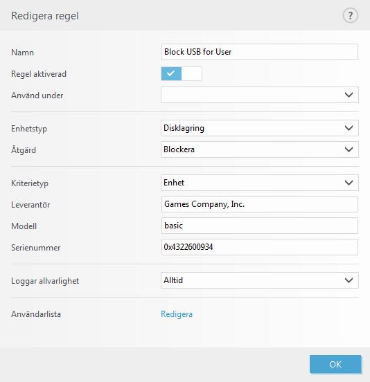 4.1.3.2 Lägga till regler för enhetskontroll En regel för enhetskontroll definierar åtgärden som vidtas när en enhet som motsvarar villkoren ansluts till datorn.