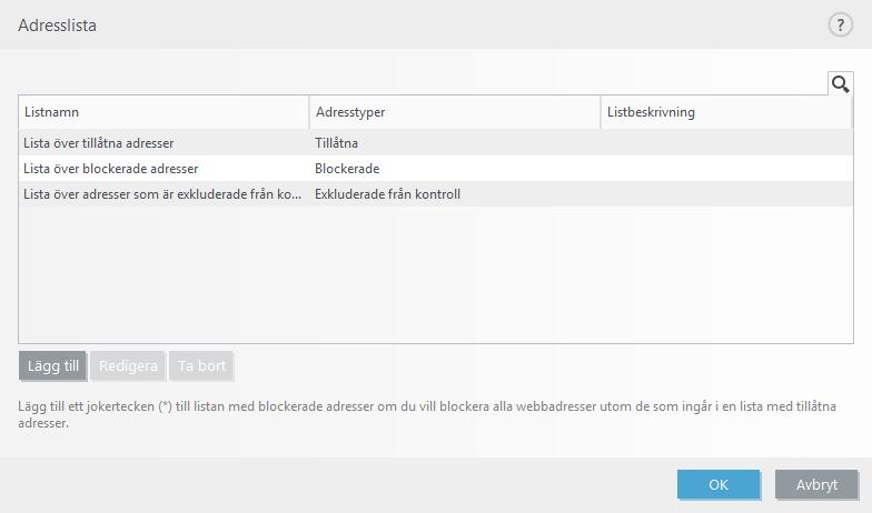 Kontrollelement Lägg till skapar en ny lista utöver de fördefinierade. Det kan vara användbart om du vill dela olika adressgrupper logiskt.