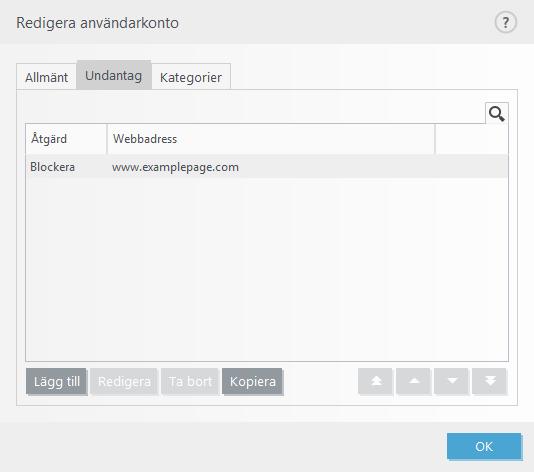 Om du vill ta bort en webbadress från listan klickar du på Inställningar > Säkerhetsverktyg > Föräldrakontroll, klickar på Blockerat innehåll och inställningar under önskat användarkonto, klickar på