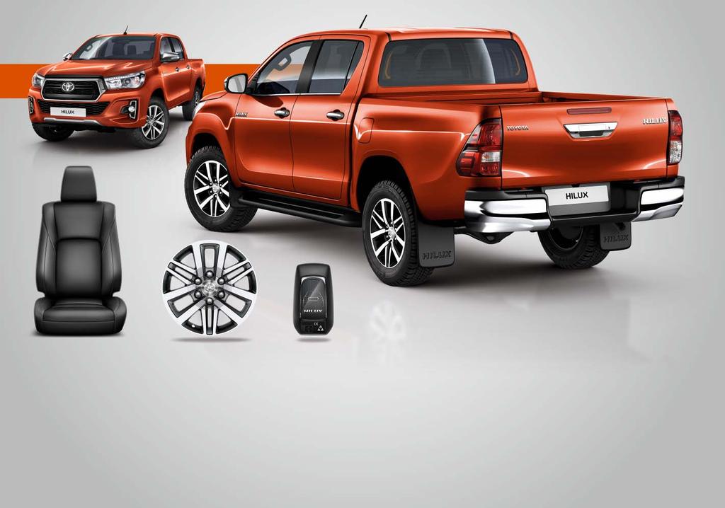 SÄKERHET OCH UTRUSTNING Svart perforerat läder Sexekrade, tvåtonade, polerade 18-tums lättmetallfälgar Unik nyckeldesign HILUX ULTIMATE RUSTAD OCH REDO HILUX KAN MED RÄTTA VARA STOLT