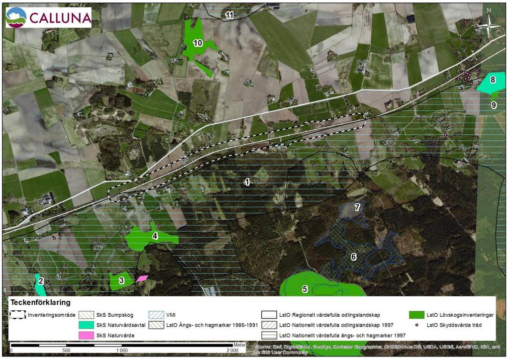 Figur 4. Identifierade skyddsvärda områden enligt GIS-underlag. Med skyddsvärda områden avses tidigare identifierade områden med betydelse för biologisk mångfald. Sifforna kopplas till tabell 1 nedan.