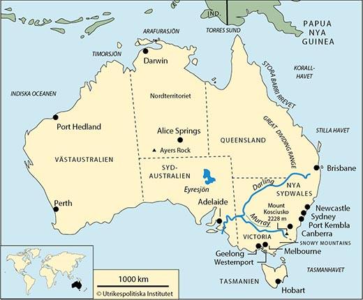 Yta 7 682 300 km2 (2017) Tid svensk + 7-10 timmar Huvudstad med antal invånare Canberra 365 000 (uppskattning 2011) Övriga större städer Sydney 4,6 milj, Melbourne 4,1 milj, Brisbane 2,1 milj, Perth