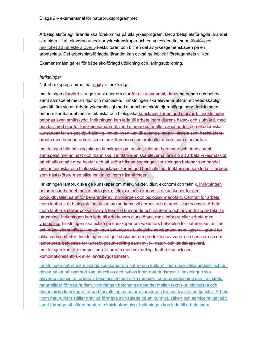 Bilaga 9 examensmål för naturbruksprogrammet Arbetsplatsförlagt lärande ska förekomma på alla yrkesprogram.