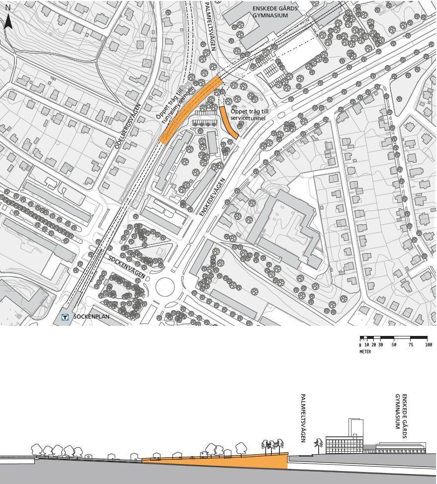 Figur 9. Plan och profil betongtråg och tunnel norr om befintlig station Sockenplan. 3.