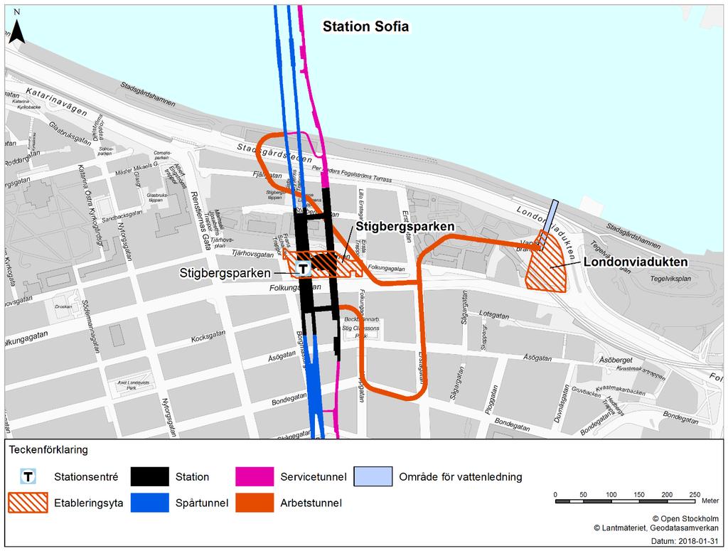 3.5.1 Station Sofia Nya station Sofia sträcker sig i nord-sydlig riktning mellan sträckan cirka KM 1+800 till 2+000, med en uppgång vid cirka 1+900.