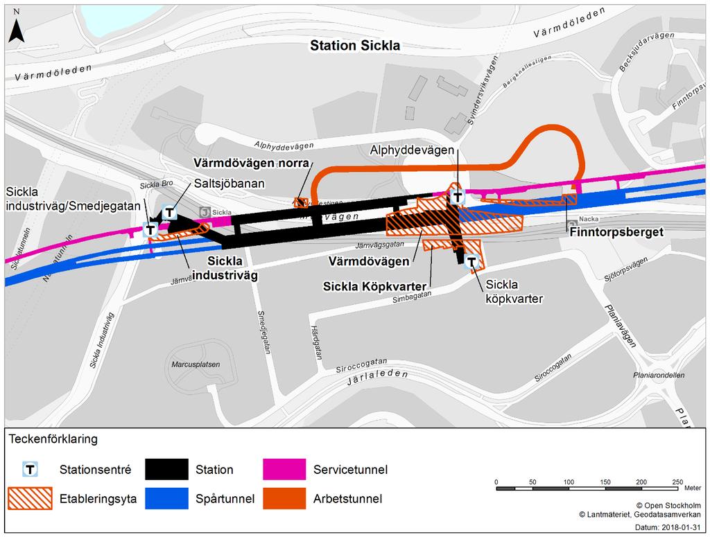 3.5.3 Station Sickla Station Sickla sträcker sig i västlig till östlig riktning mellan cirka KM 4+800 till 5+250.