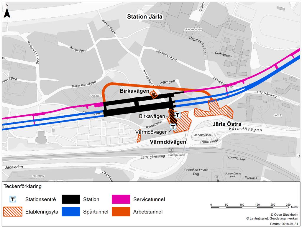 3.5.4 Station Järla Station Järla sträcker sig i västlig till östlig riktning mellan cirka KM 6+300 till 6+550 under Birkavägen.