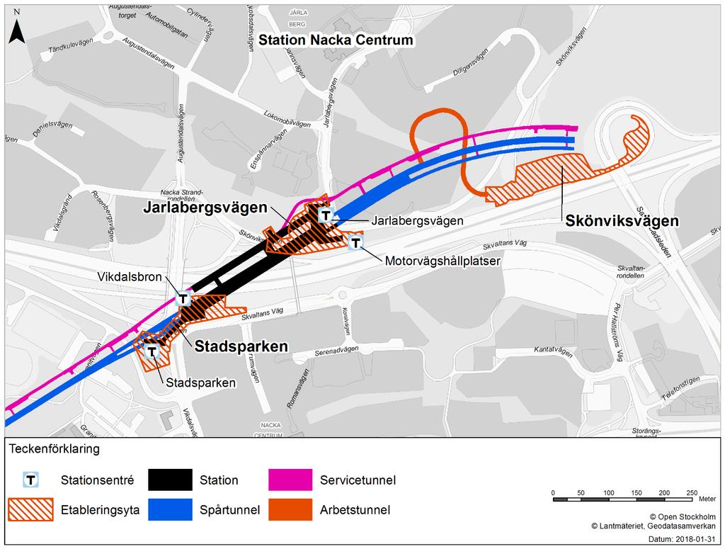 3.5.5 Station Nacka Centrum Station Nacka Centrum sträcker sig i sydvästlig till nordostlig riktning mellan cirka KM 7+220 till 7+650 under Värmdövägen.