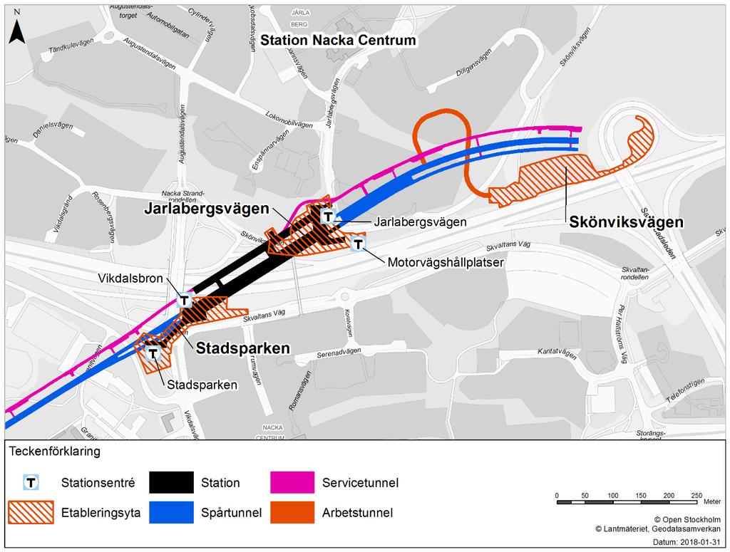 3.5.5 Station Nacka Centrum Station Nacka Centrum sträcker sig i sydvästlig till nordostlig riktning mellan cirka KM 7+220 till 7+650 under Värmdövägen.