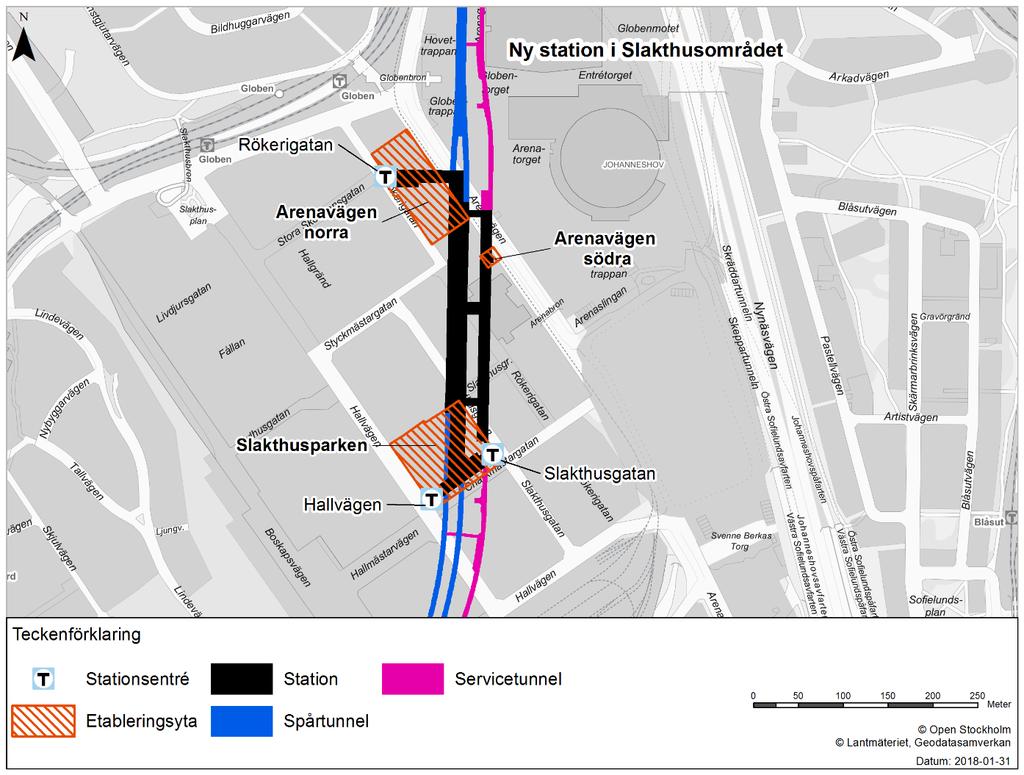 3.5.7 Ny station i Slakthusområdet Den nya stationen i Slakthusområdet sträcker sig i nord-sydlig riktning mellan KM 4+450 till 4+850.