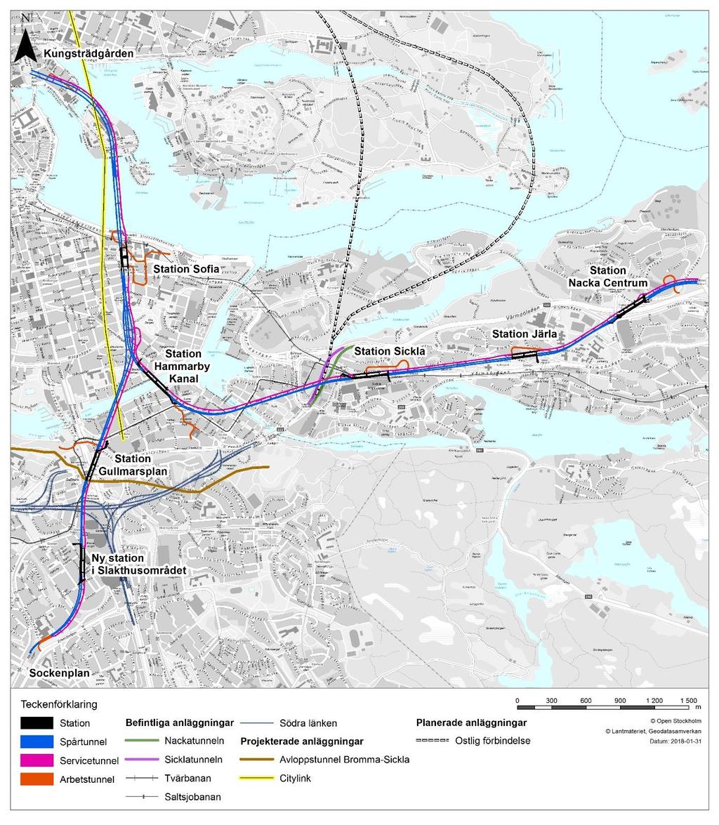 Figur 2. Befintliga och planerade anläggningar. 2.3.1 Befintliga anläggningar Kungsträdgården till station Sofia En befintlig ledningstunnel är belägen i höjd med Stallgatan.