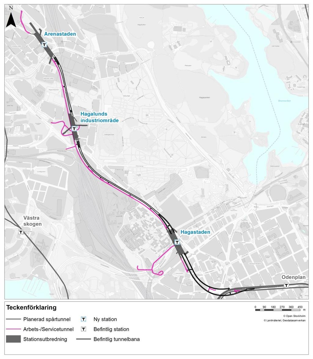 Figur 1. Översiktskarta visandeplanerad sträckning av Gula linjen inklusive stationer.
