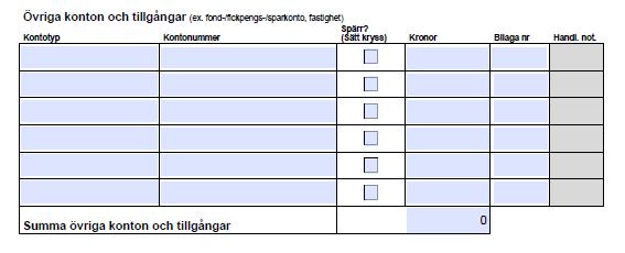 Finns det mer pengar ska överskjutande medel föras över till ett överförmyndarspärrat konto. Nedan ska du ange huvudmannens övriga tillgångar och konton. Skicka med bevis om överförmyndarspärr.