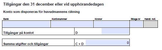 Tillgångar den 31 december eller vid upphörandedagen Fyll i huvudmannens tillgångar per den 31 december eller dag för upphörande. Bifoga besked från bank som styrker beloppen.