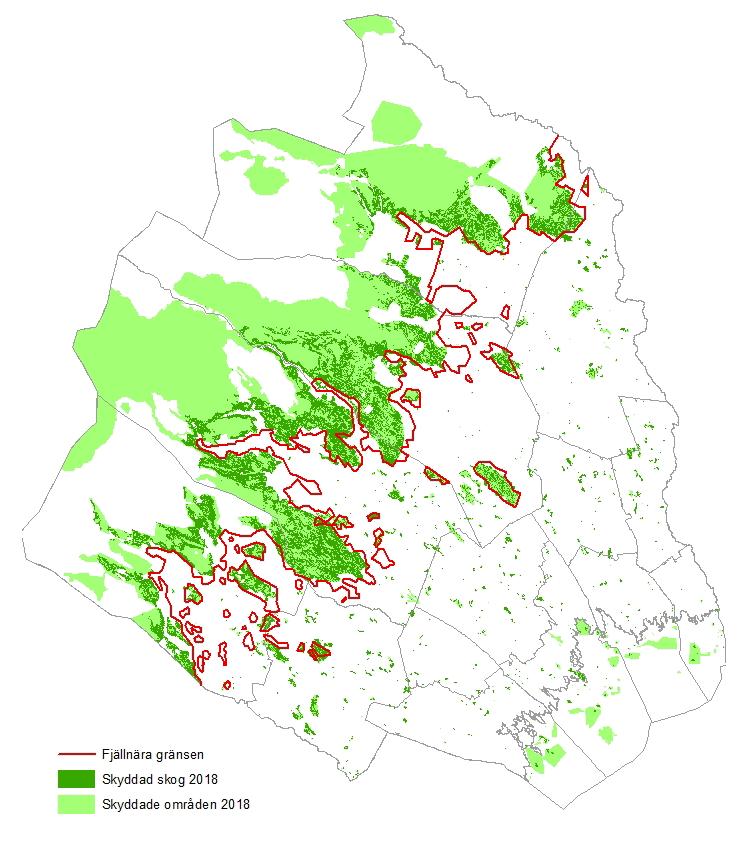 Figur 2. Karta som visar skog enligt vägkartan i formellt skyddade områden i länet 2018-01-01. Källa: Länsstyrelsen i Norrbottens län och Lantmäteriets vägkarta.