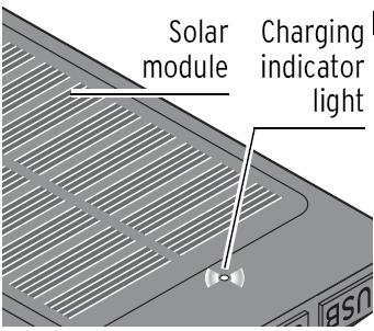 Laddning av extrabatteriet via solceller English Solar module Charging indicator light Swedish Solceller Indikationsljus för laddning Vid tillräckligt solljus kan extrabatteriet även laddas med hjälp