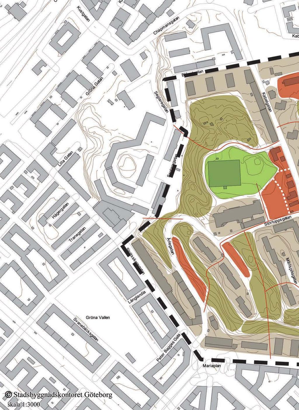 BEBYGGELSEOMRÅDEN OCH UPPRUSTNING AV GENERELLA PRINCIPER Ny bebyggelse ska förhålla sig i struktur och höjd till närliggande bebyggelse. Befintlig siluett ska hållas.