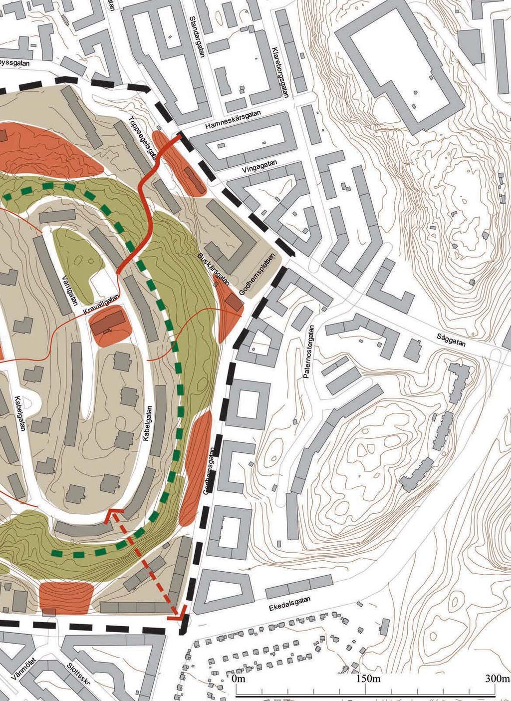 ALLMÄNNA PLATSER 9 Delvis ianspråktagen mark, delvis naturmark. Delvis brant - innebär sprängning. Ny infrastruktur krävs. Smal tillfart.