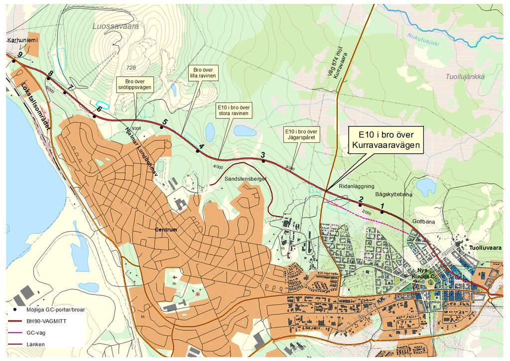 Översiktskarta från åtgärdsvalsstudien. Översikt över studerade lägen för passage av E10 samt behov av GC-förbindelse. Textrutorna visar passagemöjligheter i arbetsplanen.