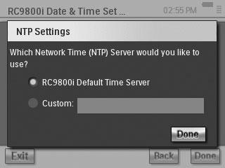 NTP-inställningarna visas: 3 Markera RC9800i Default Time Server (RC9800i standard tidsserver) i listan. -eller- Markera Custom Server (Egen server) och fyll i serverns adress.