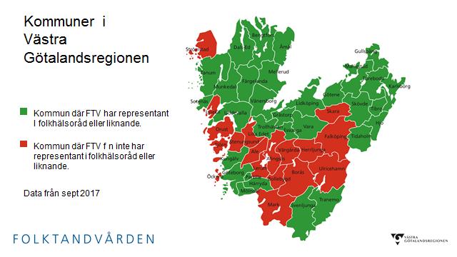 Götalandsregionens 49 kommuner som har (grönt) eller inte har (rött) folktandvårdsrepresentation. Bilden redovisar läget i september och en del röda fält har nu blivit gröna.