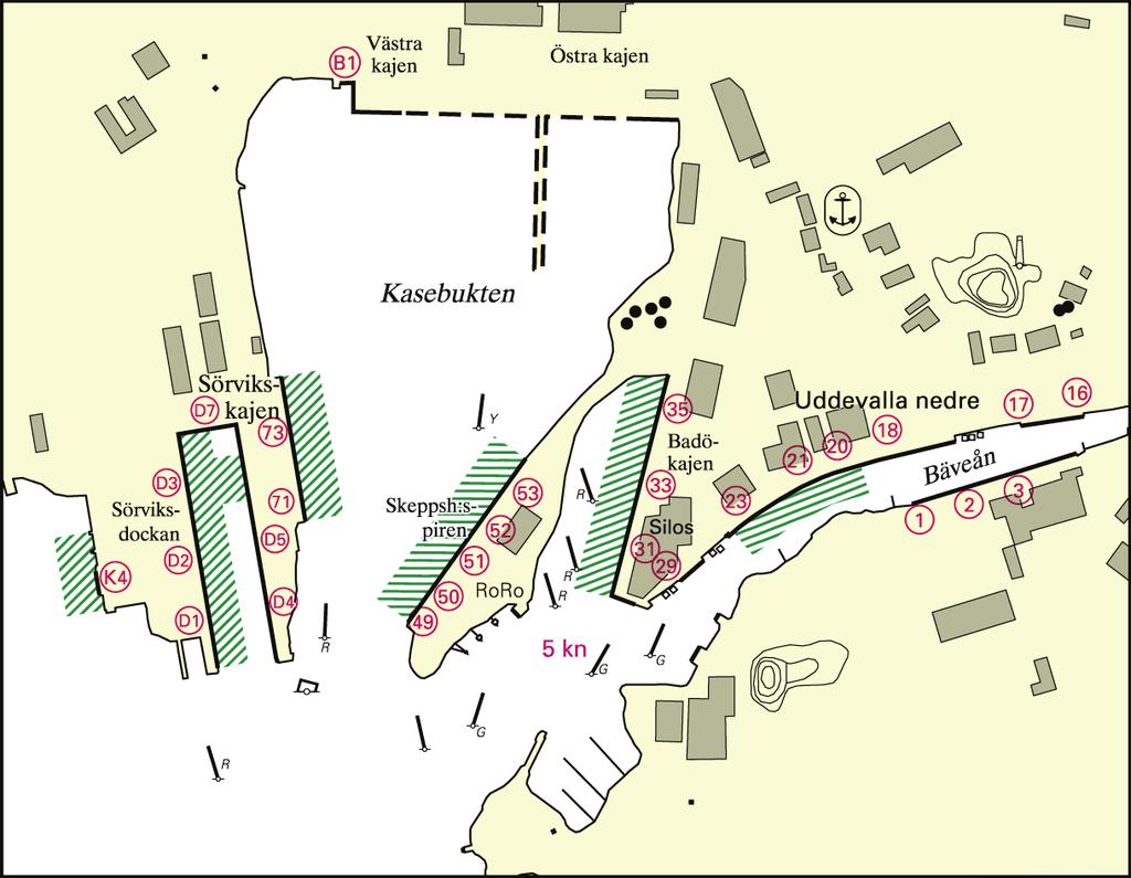 Bilaga 5 Västkustens sjötrafikområde Uddevalla hamn Område - Mellan kajplatserna K4, D1 D6 och 71 73 i Sörvik - Mellan kajplatserna 49 53 längs Skeppsholmspiren - Mellan kajplatserna 31 35 längs