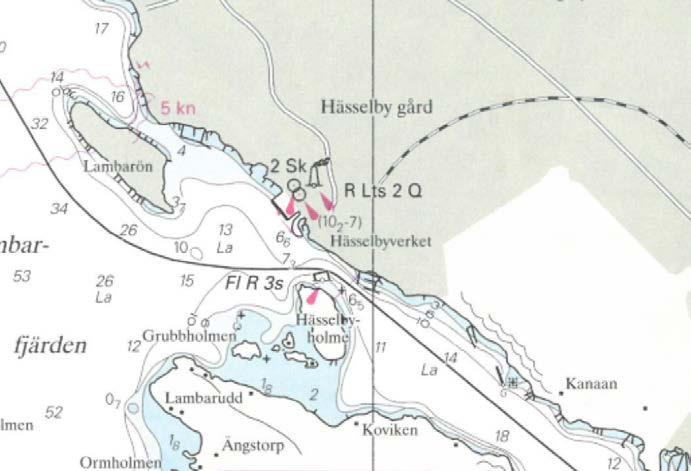 Figur 13. Hässelby holme med markering av vattenledningen och en djupangivelse på 6,5 meter. Bild: Sjöfartsverkets sjökort från 1994.