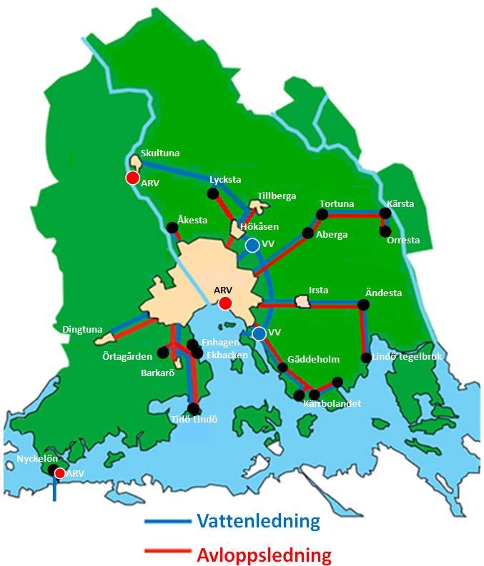 Figur 2. Anslutna områden till Kungsängens reningsverk Till Kungsängens reningsverk är också ett antal industrier och andra verksamheter anslutna.