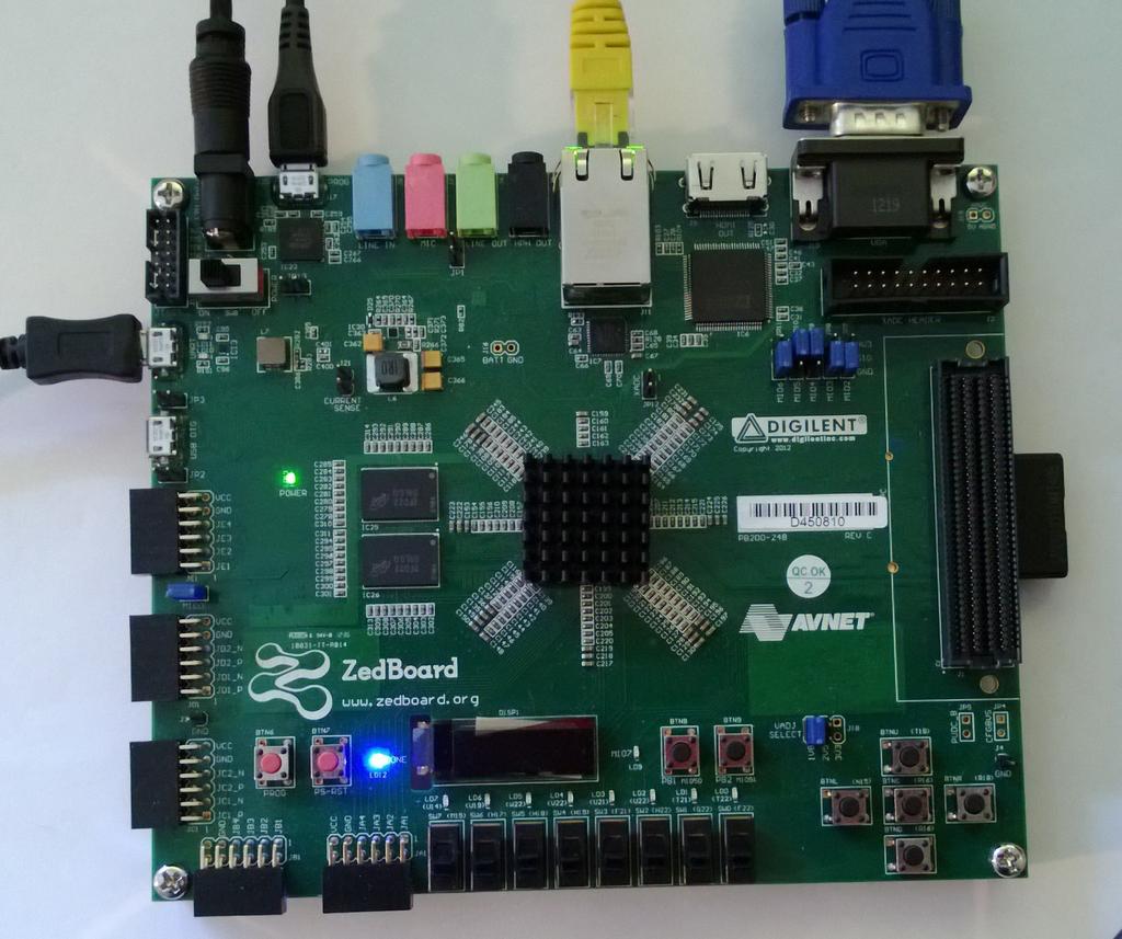 Figur 1: Utvecklinsgsystemet Zedboard 2 Bruksanvisning I denna laboration ska du använda ett utvecklingssystem som heter Zedboard. Zedboard innehåller en krets som heter Zynq-7000.