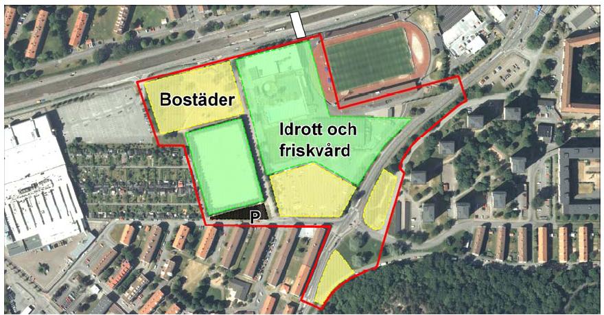 1 4 2 3 Bild 2. Föreslagen markanvändning för etapp 2, numreringen visar de huvudsakliga delområdena för undersökningen. (Program för Arena, bostäder m.m. vid Rambergsvallen Samrådsredogörelse med inriktning för fortsatt arbete) 1.