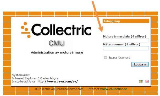 På sidan som visas fyller du i din motorvärmare/parkeringsplats nummer (4 siffror). Klicka sedan på Gå till administration.