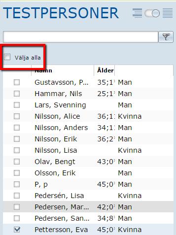 6.1. Dataexport För att exportera testresultat, välj en eller flera testpersoner i listan genom att markera rutan