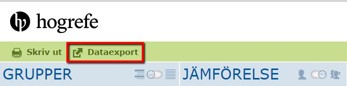 För att exportera data, klicka för önskat test under Jämförelse och därefter på Dataexport högst upp till vänster på