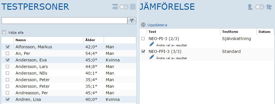 7.2. Jämföra målprofil med flera testpersoner Du kan också jämföra målprofilen med resultat från flera testpersoner.