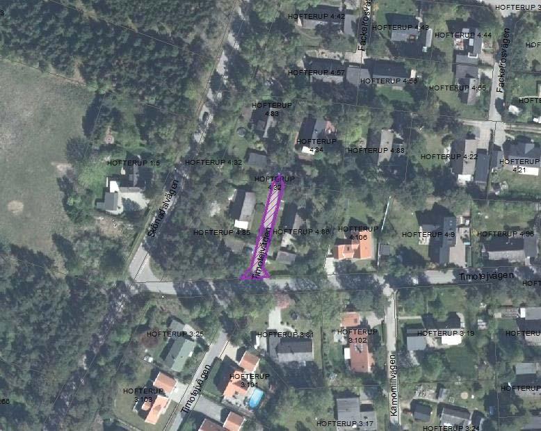 Hofterup 4:32, Timotejvägen 1 A-D, 5 Gemensamhetsanläggning saknas. Markägare är Kävlinge kommun. Utgör allmän plats i plan med annan än kommunen som huvudman.