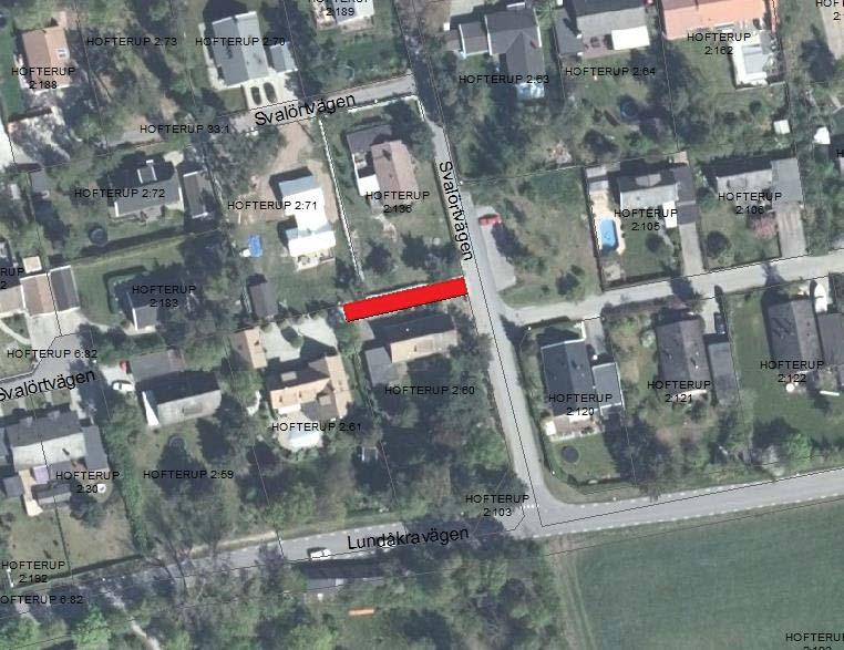 Hofterup 2:60 (del av), Svalörtvägen 1 mfl, 7 Ingår i Hofterups vägförening (Hofterup ga:5). Privat markägare. Utgör kvartersmark i plan Bild: Förslag: Bör ej övertas till kommunalt huvudmannaskap.